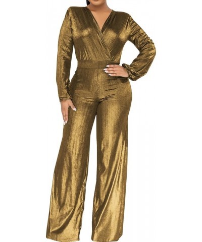 Women Sparkly Dressy Jumpsuit Deep V Neck Long Sleeve Clubwear Plus Size Wide Leg Long Pants Rompers A-gold $18.45 Jumpsuits