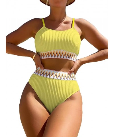 Women's High Waisted Bathing Suit Chevron Tape Spaghetti Strap Swimsuit Bikini Set 2 Piece Yellow $13.34 Swimsuits