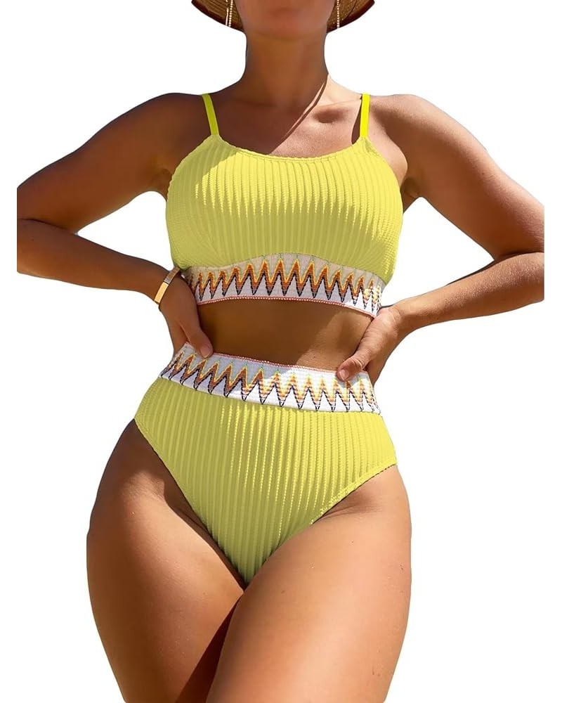 Women's High Waisted Bathing Suit Chevron Tape Spaghetti Strap Swimsuit Bikini Set 2 Piece Yellow $13.34 Swimsuits