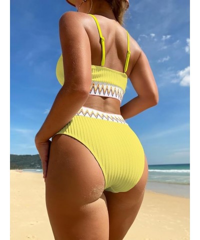 Women's High Waisted Bathing Suit Chevron Tape Spaghetti Strap Swimsuit Bikini Set 2 Piece Yellow $13.34 Swimsuits