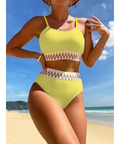 Women's High Waisted Bathing Suit Chevron Tape Spaghetti Strap Swimsuit Bikini Set 2 Piece Yellow $13.34 Swimsuits