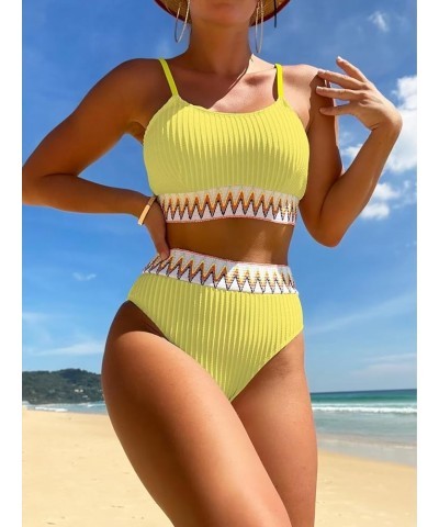 Women's High Waisted Bathing Suit Chevron Tape Spaghetti Strap Swimsuit Bikini Set 2 Piece Yellow $13.34 Swimsuits