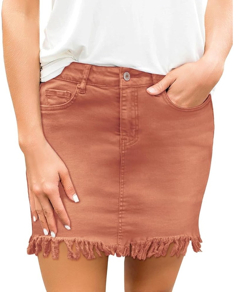 Women's Casual Mid Waisted Washed Frayed Pockets Denim Jean Short Skirt A1 Amber Brown $19.37 Skirts