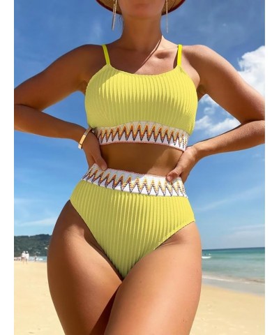 Women's High Waisted Bathing Suit Chevron Tape Spaghetti Strap Swimsuit Bikini Set 2 Piece Yellow $13.34 Swimsuits