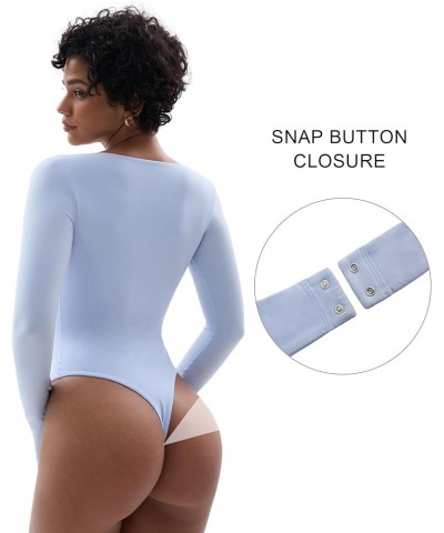 Women's Long Sleeve Bodysuit Fits Everybody Soft V Neck Basic Tops with Thong No Compression Blue $12.74 Bodysuits