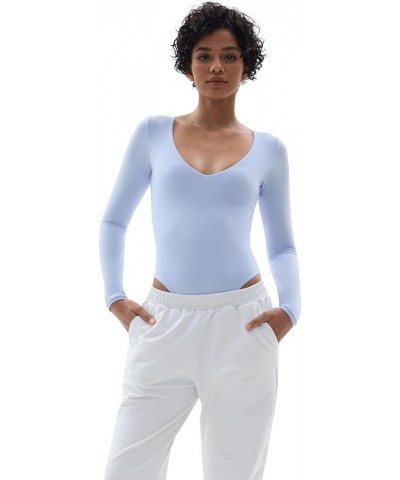 Women's Long Sleeve Bodysuit Fits Everybody Soft V Neck Basic Tops with Thong No Compression Blue $12.74 Bodysuits