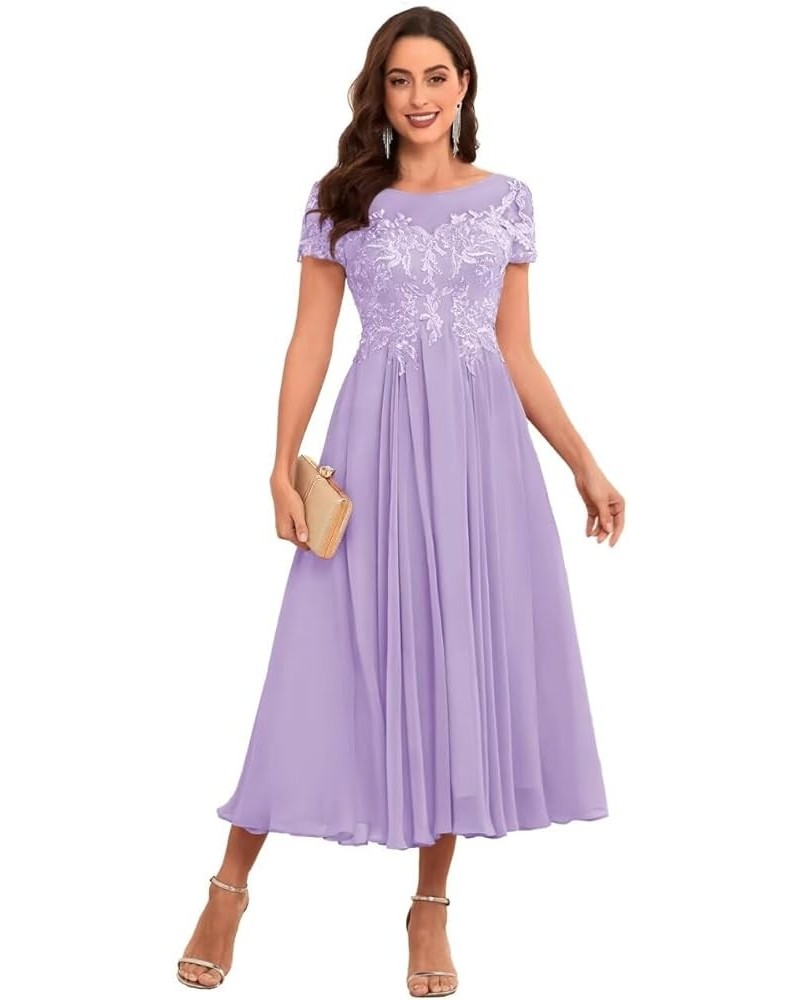 Lace Appliques Tea Length Mother of The Bride Dresses Short Sleeve Evening Gown Lavender $45.60 Dresses