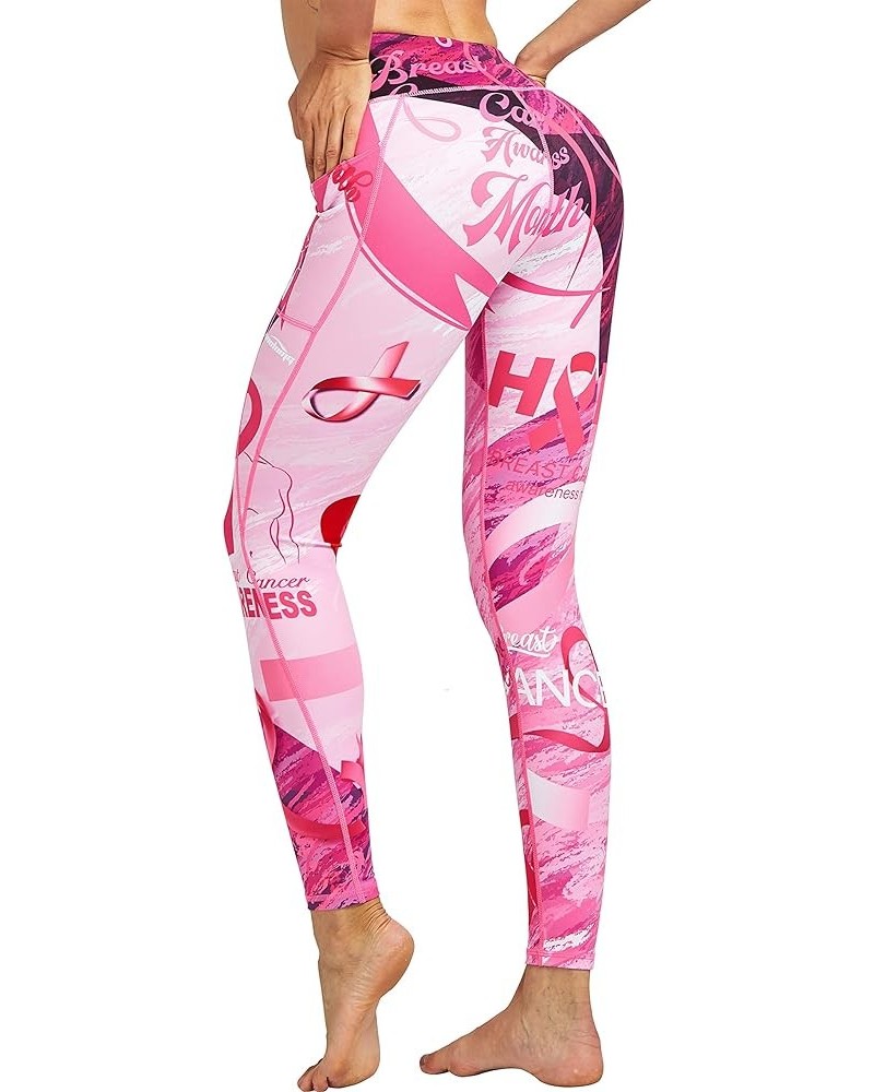 Women Leggings Breast Cancer Awareness Yoga Pants Pink Ribbon Tights with Side Pockets Rosa $12.47 Leggings