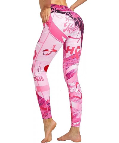 Women Leggings Breast Cancer Awareness Yoga Pants Pink Ribbon Tights with Side Pockets Rosa $12.47 Leggings