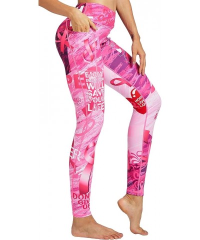 Women Leggings Breast Cancer Awareness Yoga Pants Pink Ribbon Tights with Side Pockets Rosa $12.47 Leggings