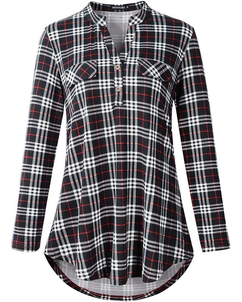 Womens Plaid Shirts Henley V Neck Casual Loose Long Sleeve Tunic Tops T-Shirt Blouses Bb Black $11.25 Tops