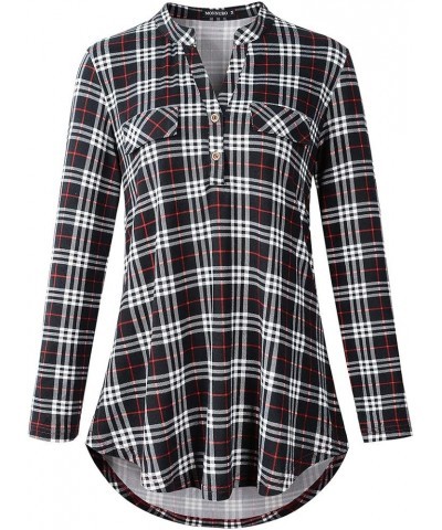 Womens Plaid Shirts Henley V Neck Casual Loose Long Sleeve Tunic Tops T-Shirt Blouses Bb Black $11.25 Tops