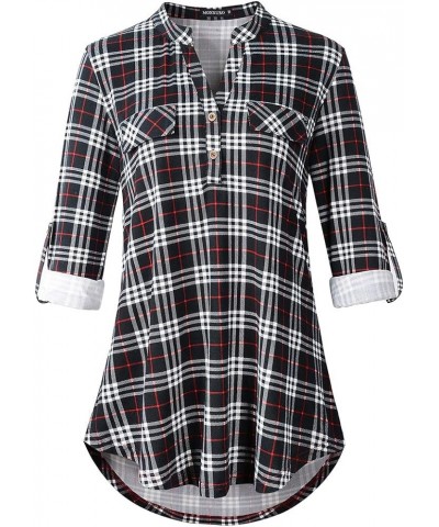 Womens Plaid Shirts Henley V Neck Casual Loose Long Sleeve Tunic Tops T-Shirt Blouses Bb Black $11.25 Tops