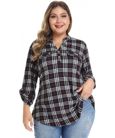 Womens Plaid Shirts Henley V Neck Casual Loose Long Sleeve Tunic Tops T-Shirt Blouses Bb Black $11.25 Tops