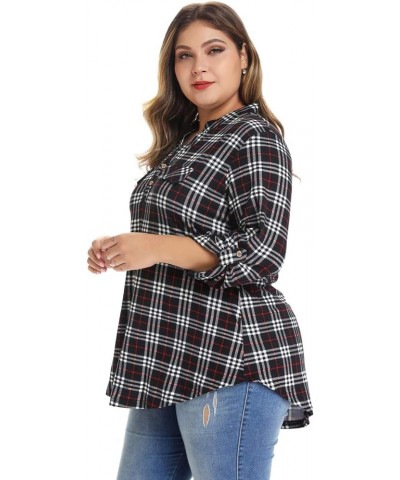 Womens Plaid Shirts Henley V Neck Casual Loose Long Sleeve Tunic Tops T-Shirt Blouses Bb Black $11.25 Tops