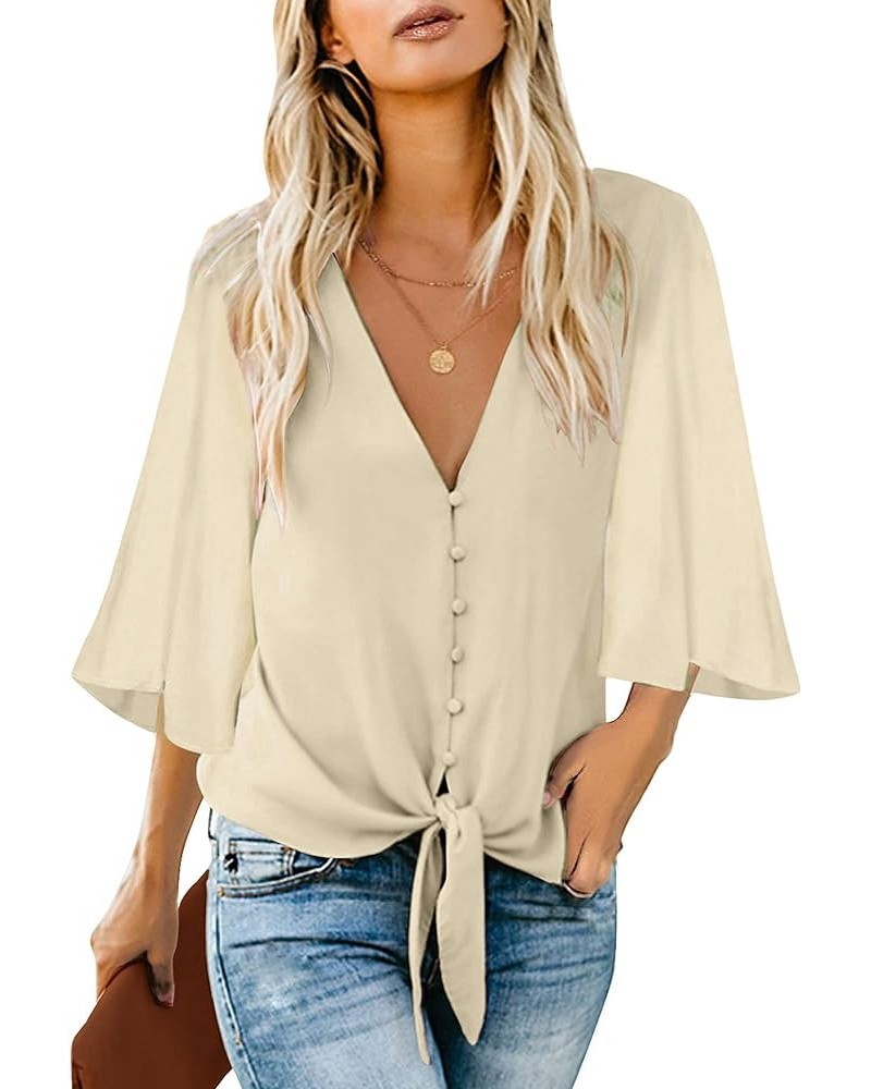 Women's V Neck Button Down Shirts 3/4 Bell Sleeve Tie Knot Blouse Apricot $18.24 Blouses