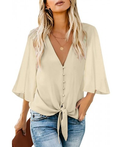 Women's V Neck Button Down Shirts 3/4 Bell Sleeve Tie Knot Blouse Apricot $18.24 Blouses