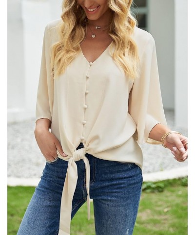 Women's V Neck Button Down Shirts 3/4 Bell Sleeve Tie Knot Blouse Apricot $18.24 Blouses