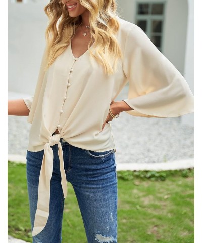 Women's V Neck Button Down Shirts 3/4 Bell Sleeve Tie Knot Blouse Apricot $18.24 Blouses