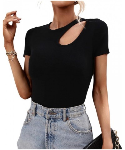 Women Short Sleeve Ribbed Top Solid Color Hollow Out Cutout Knit Blouse Slim Fit Tees Party Chic Basic Tops Black $9.10 Blouses