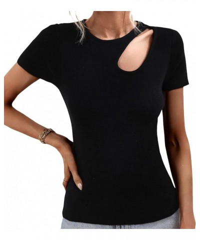 Women Short Sleeve Ribbed Top Solid Color Hollow Out Cutout Knit Blouse Slim Fit Tees Party Chic Basic Tops Black $9.10 Blouses