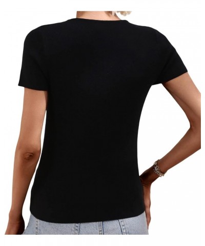 Women Short Sleeve Ribbed Top Solid Color Hollow Out Cutout Knit Blouse Slim Fit Tees Party Chic Basic Tops Black $9.10 Blouses