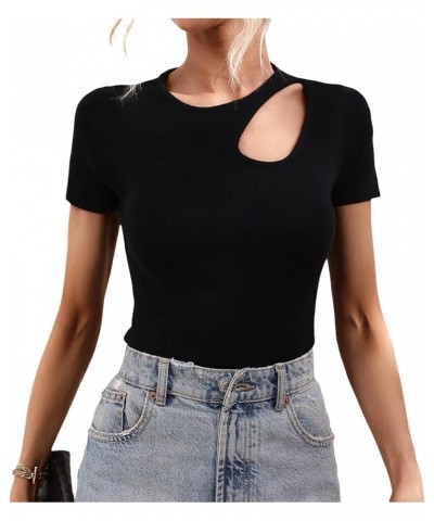 Women Short Sleeve Ribbed Top Solid Color Hollow Out Cutout Knit Blouse Slim Fit Tees Party Chic Basic Tops Black $9.10 Blouses