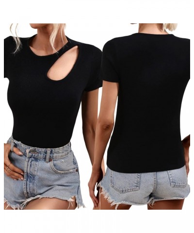 Women Short Sleeve Ribbed Top Solid Color Hollow Out Cutout Knit Blouse Slim Fit Tees Party Chic Basic Tops Black $9.10 Blouses