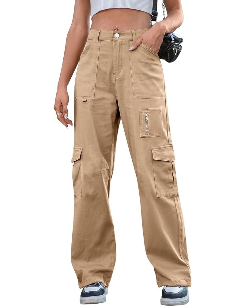 Cargo Pants Women High Waist Wide Leg Casual Pants with 7 Pockets Stretchy Drawstring Baggy Y2K Trousers Khaki $25.59 Pants