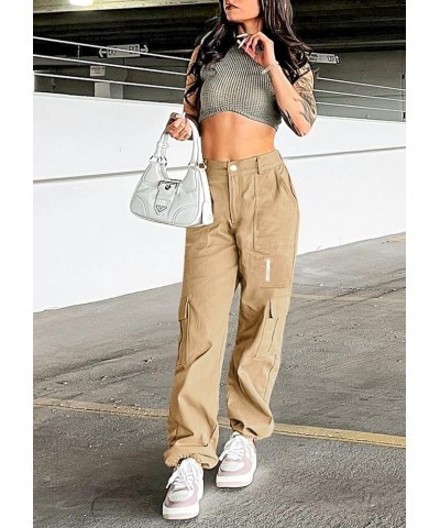 Cargo Pants Women High Waist Wide Leg Casual Pants with 7 Pockets Stretchy Drawstring Baggy Y2K Trousers Khaki $25.59 Pants