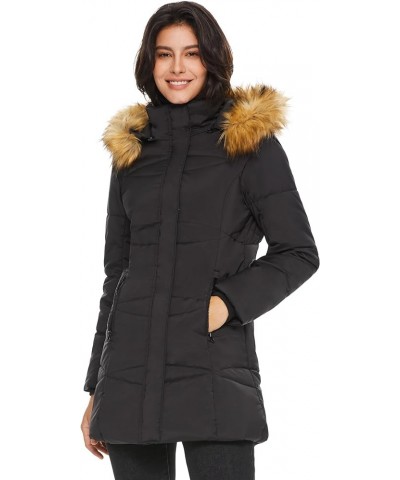 Women’s Insulated Jacket with Removable Hood Faux Fur Zip up Winter Coat Mid-length Black $48.30 Jackets