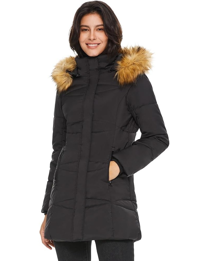 Women’s Insulated Jacket with Removable Hood Faux Fur Zip up Winter Coat Mid-length Black $48.30 Jackets