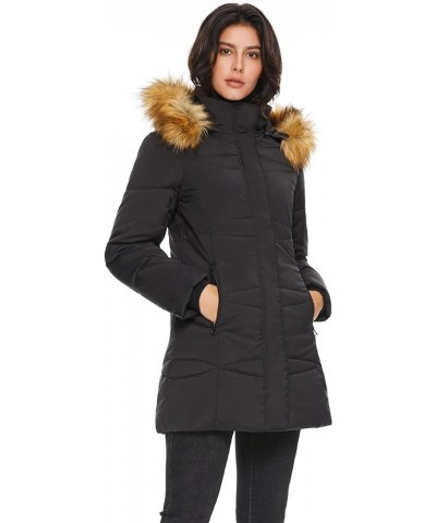 Women’s Insulated Jacket with Removable Hood Faux Fur Zip up Winter Coat Mid-length Black $48.30 Jackets