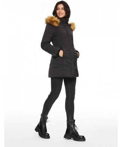 Women’s Insulated Jacket with Removable Hood Faux Fur Zip up Winter Coat Mid-length Black $48.30 Jackets