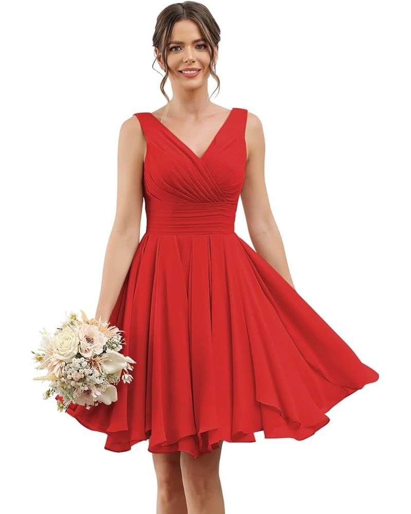 Double V Neck Short Bridesmaid Dresses for Women 2024 Chiffon A Line Formal Evening Gowns with Pockets YJ114 Red $25.20 Dresses