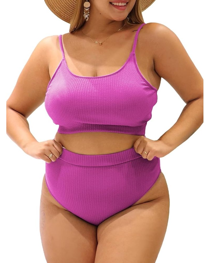 Women's Plus 2 Piece Ribbed High Waist Bikini Sets Basic Swimsuits Solid Bathing Suits Swimwear Hot Pink $18.24 Swimsuits