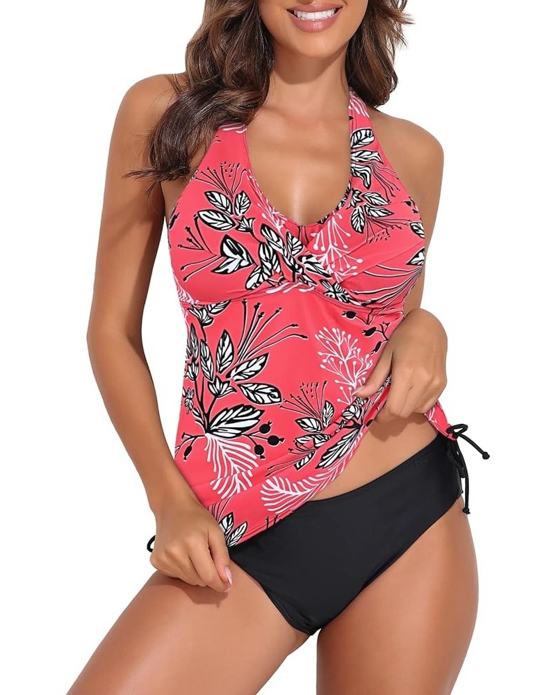 Two Piece Tankini Bathing Suits for Women V Neck Halter Tankini Top with Bikini Bottom Tummy Control Swimsuits Red Floral $8....