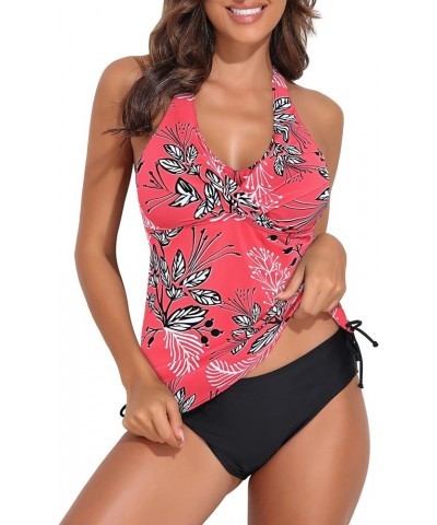 Two Piece Tankini Bathing Suits for Women V Neck Halter Tankini Top with Bikini Bottom Tummy Control Swimsuits Red Floral $8....