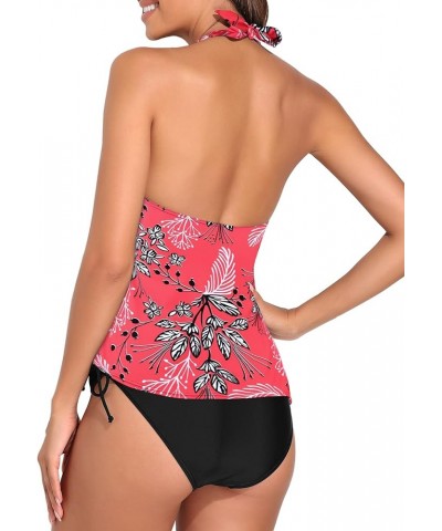 Two Piece Tankini Bathing Suits for Women V Neck Halter Tankini Top with Bikini Bottom Tummy Control Swimsuits Red Floral $8....