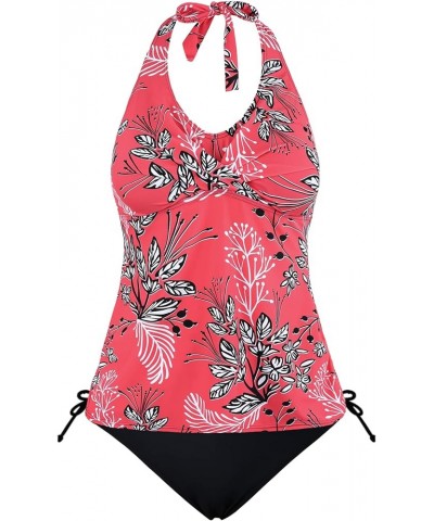 Two Piece Tankini Bathing Suits for Women V Neck Halter Tankini Top with Bikini Bottom Tummy Control Swimsuits Red Floral $8....