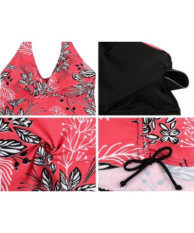 Two Piece Tankini Bathing Suits for Women V Neck Halter Tankini Top with Bikini Bottom Tummy Control Swimsuits Red Floral $8....