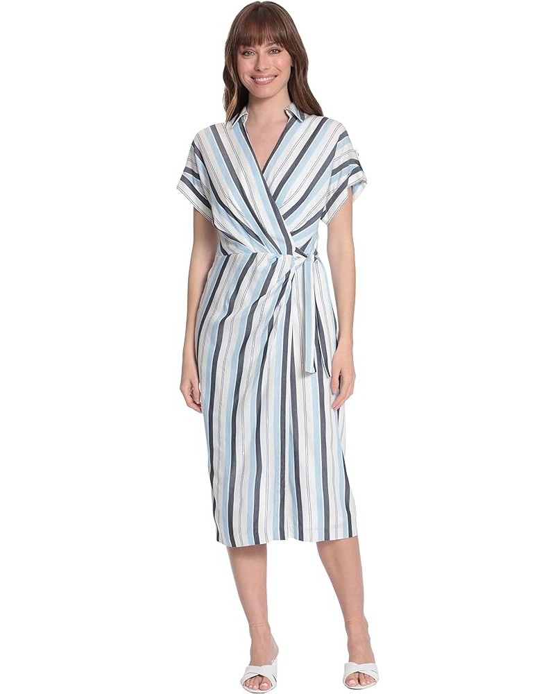 Women's Striped Faux Wrap Collar V-Neck Midi Dress Blue $13.89 Dresses