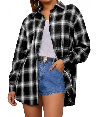 Womens' Oversized Flannel Plaid Shirt Long Sleeve Drop Shoulder Lapel Button Down Shirt Blouse Tops Black $11.92 Blouses