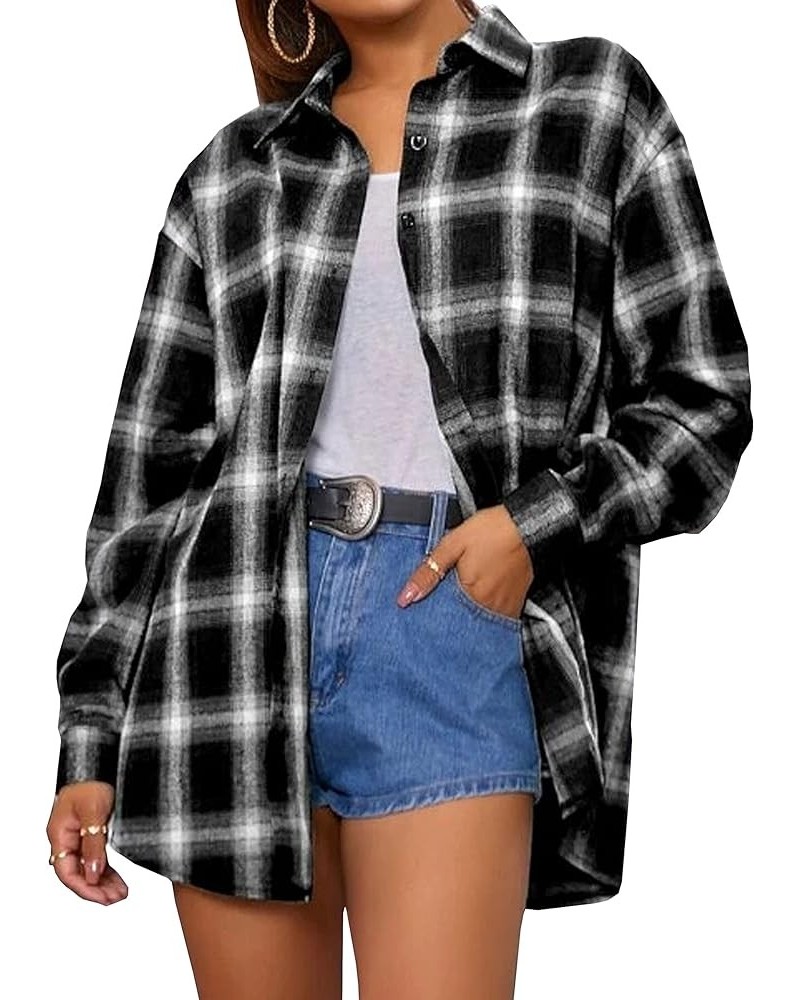 Womens' Oversized Flannel Plaid Shirt Long Sleeve Drop Shoulder Lapel Button Down Shirt Blouse Tops Black $11.92 Blouses