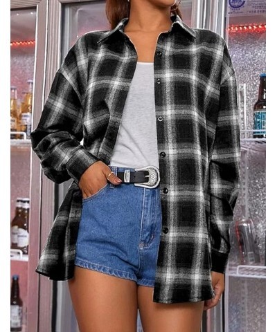 Womens' Oversized Flannel Plaid Shirt Long Sleeve Drop Shoulder Lapel Button Down Shirt Blouse Tops Black $11.92 Blouses