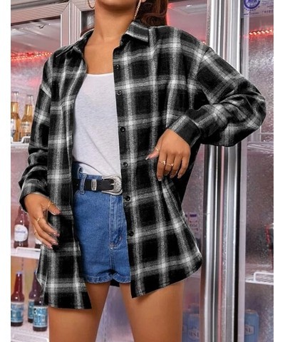 Womens' Oversized Flannel Plaid Shirt Long Sleeve Drop Shoulder Lapel Button Down Shirt Blouse Tops Black $11.92 Blouses