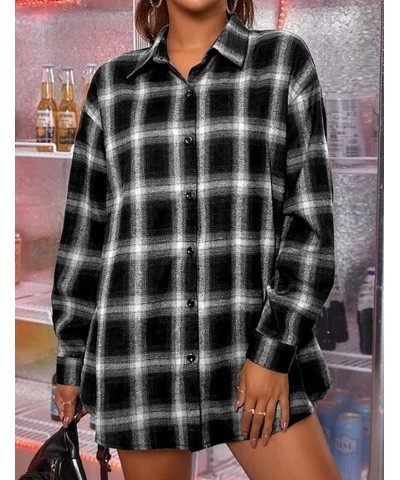 Womens' Oversized Flannel Plaid Shirt Long Sleeve Drop Shoulder Lapel Button Down Shirt Blouse Tops Black $11.92 Blouses