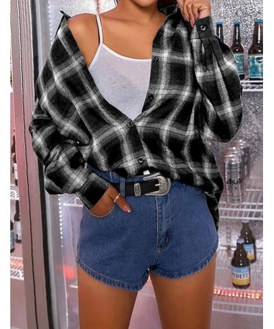 Womens' Oversized Flannel Plaid Shirt Long Sleeve Drop Shoulder Lapel Button Down Shirt Blouse Tops Black $11.92 Blouses