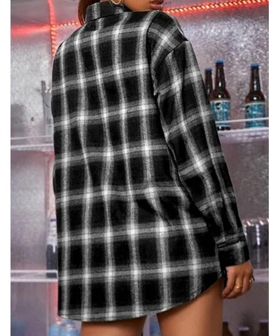 Womens' Oversized Flannel Plaid Shirt Long Sleeve Drop Shoulder Lapel Button Down Shirt Blouse Tops Black $11.92 Blouses