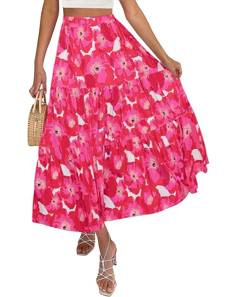 Women's 2024 Summer Plaid Flower Print Elastic High Waist Flowy A Line Maxi Skirt with Pockets Magenta $21.44 Skirts